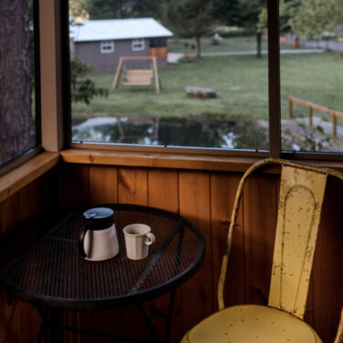 Breakfast on Pond View Cabin Porch