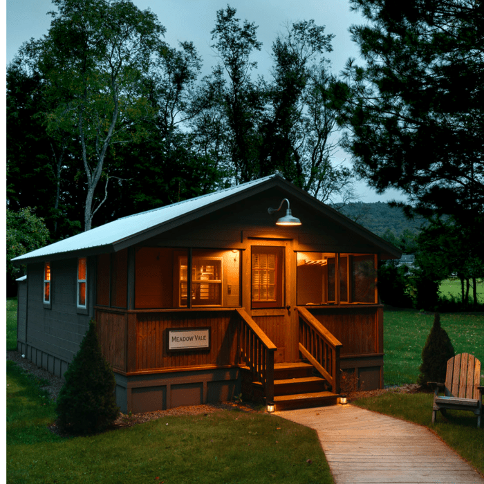 Meadowvale Cabin at night. Located at Antrim Streamside in Livingston Manor, NY.
